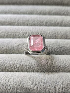 New Size 7 Rose Quartz Rhodium Plated Bomb Party Ring
